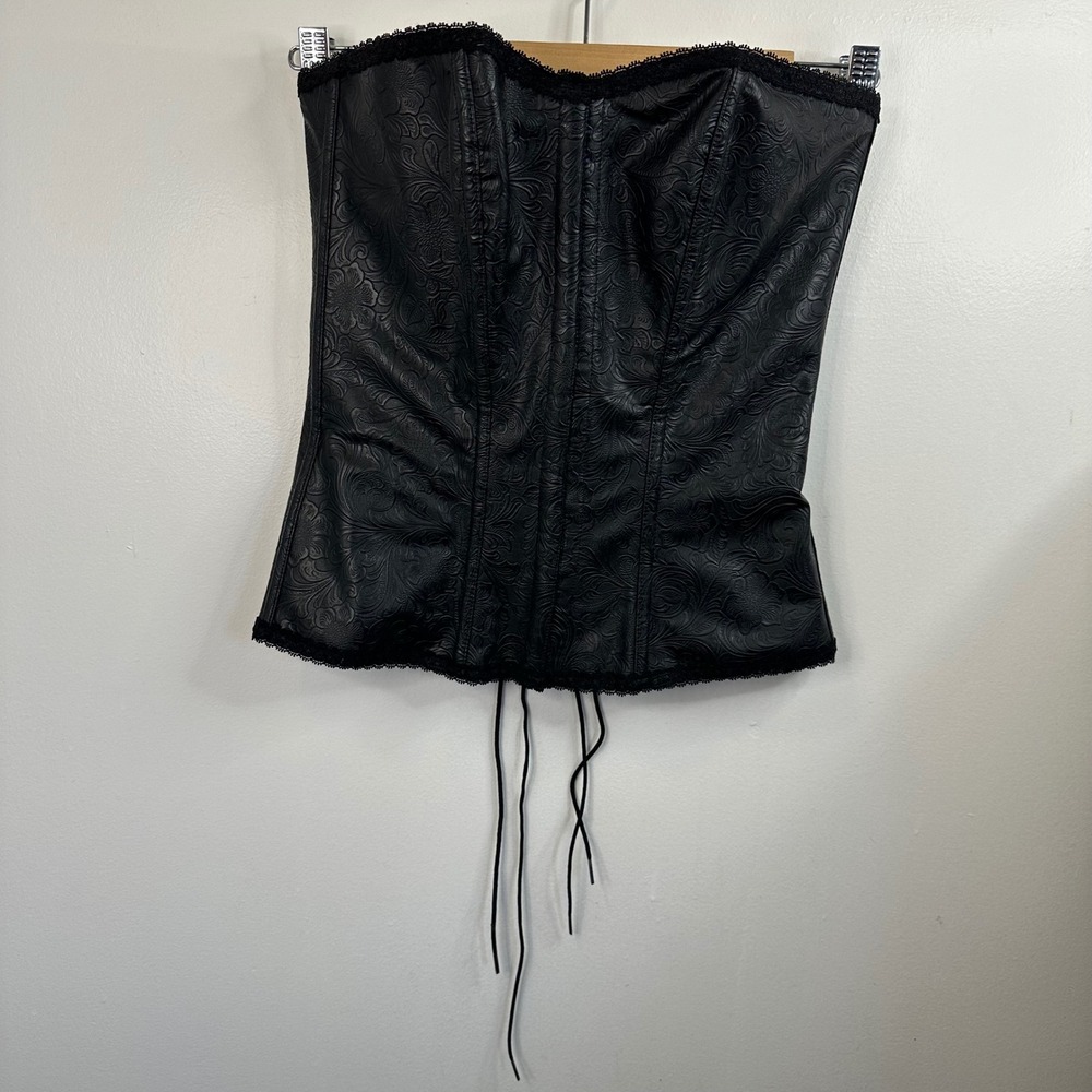VTG La Vie En Rose‎ Black Embossed Rubber Pattern Lace Trim Corset Top S